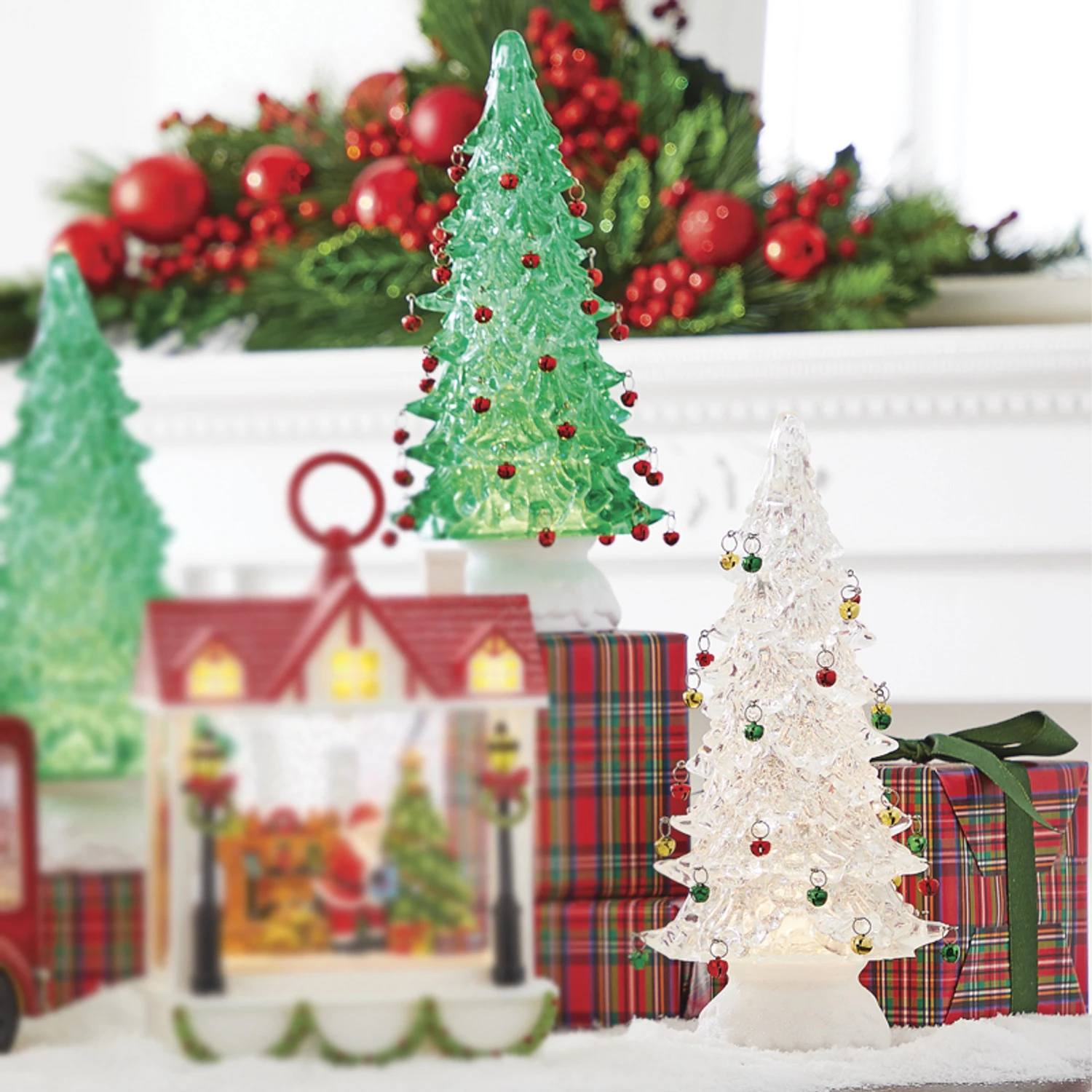 Raz 12" Clear Or Green Lighted Shimmering Water Globe Tree With Jingle Bells 3 Raz 12" Clear Or Green Lighted Shimmering Water Globe Tree With Jingle Bells