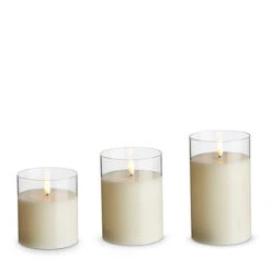 Uyuni 3.5" X 4",5", Or 6" Moving Flame Clear Glass Ivory Pillar Battery Candle