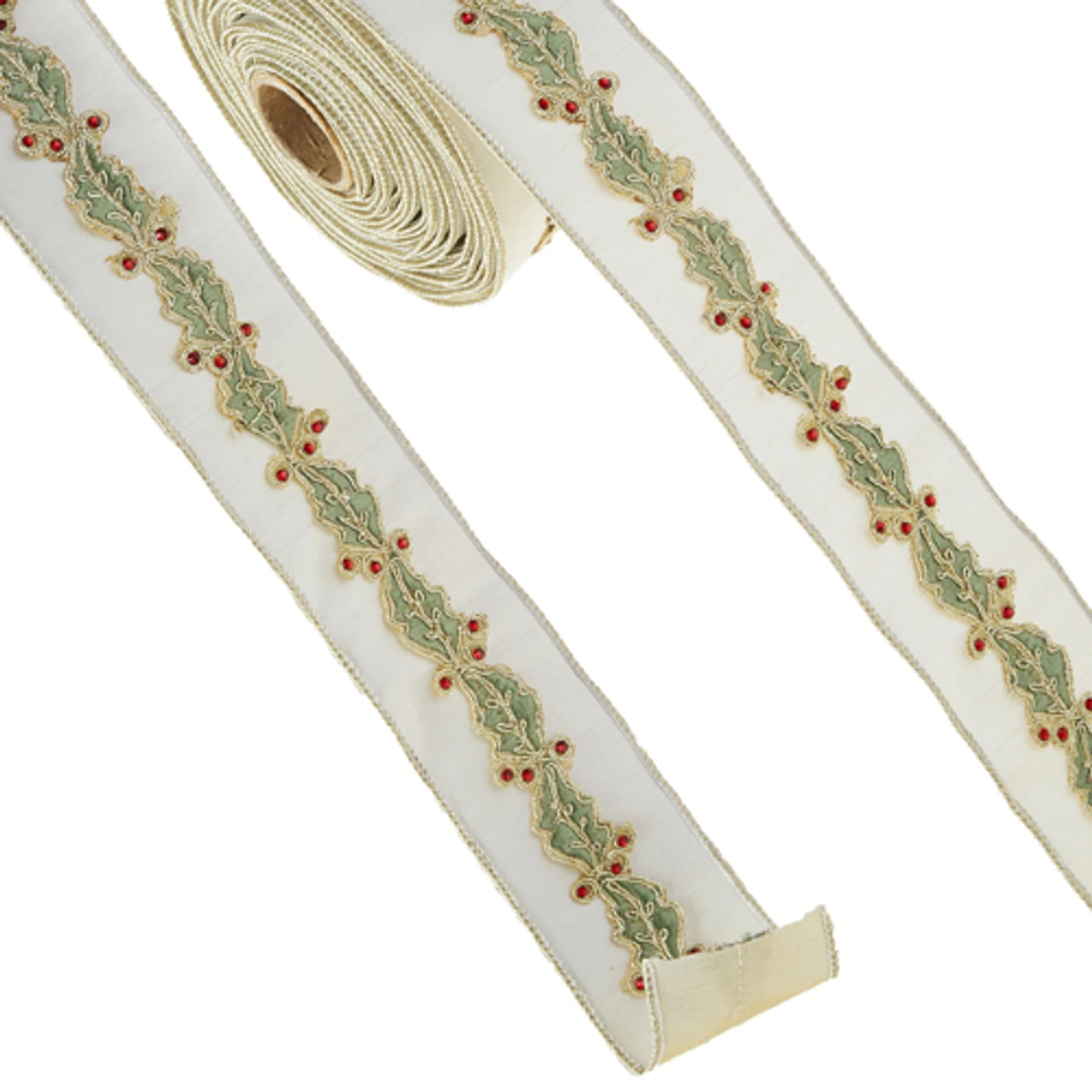 Raz 2.5" Ivory Holly Leaf Wired Christmas Ribbon R4327707 4 Raz 2.5" Ivory Holly Leaf Wired Christmas Ribbon R4327707 - Image 2