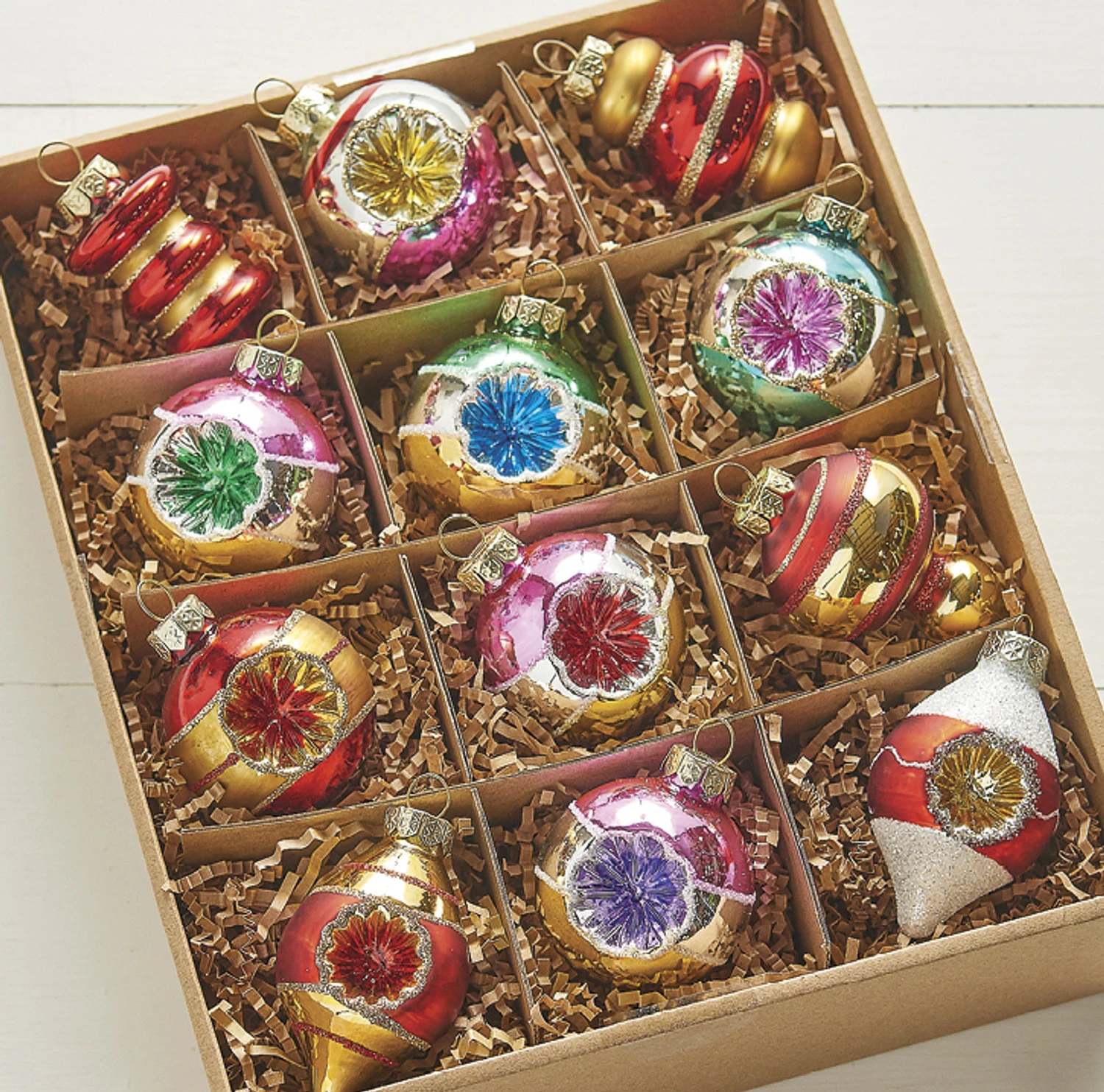 Raz Box Of 12 3.25" Bright Vintage Glass Christmas Ornaments 4120894 3 Raz Box Of 12 3.25" Bright Vintage Glass Christmas Ornaments 4120894